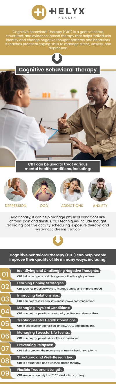 Looking for cognitive behavioral therapy specialist near me? If you're seeking a therapeutic approach to address your mental health concerns and explore your thoughts and feelings, Cognitive Behavioral Therapy (CBT) may be a suitable option. Consult with the experienced mental health professionals at Helyx Health to address your mental health concerns. For more information, contact us or request an appointment online. We are located at 57 Post St Suite 604, San Francisco, CA 94104. Looking for cognitive behavioral therapy specialist near me? If you're seeking a therapeutic approach to address your mental health concerns and explore your thoughts and feelings, Cognitive Behavioral Therapy (CBT) may be a suitable option. Consult with the experienced mental health professionals at Helyx Health to address your mental health concerns. For more information, contact us or request an appointment online. We are located at 57 Post St Suite 604, San Francisco, CA 94104.