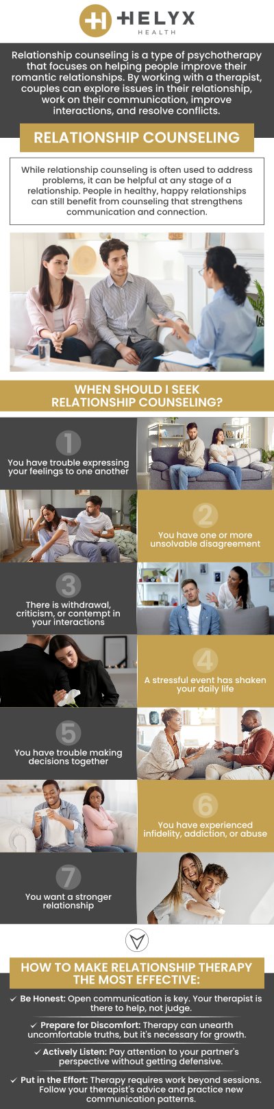 Relationship counseling at Helyx Health offers professional support to help couples improve communication, resolve conflicts, and strengthen their connection. It provides a safe space for partners to work through challenges at any stage of their relationship, fostering a healthier and more fulfilling bond. The experienced team at Helyx Health offers relationship counseling. For more information, contact us or schedule an appointment online. We serve patients across the state of California including locations in Palo Alto, Beverly Hills, and San Francisco, CA. Relationship counseling at Helyx Health offers professional support to help couples improve communication, resolve conflicts, and strengthen their connection. It provides a safe space for partners to work through challenges at any stage of their relationship, fostering a healthier and more fulfilling bond. The experienced team at Helyx Health offers relationship counseling. For more information, contact us or schedule an appointment online. We serve patients across the state of California including locations in Palo Alto, Beverly Hills, and San Francisco, CA.
