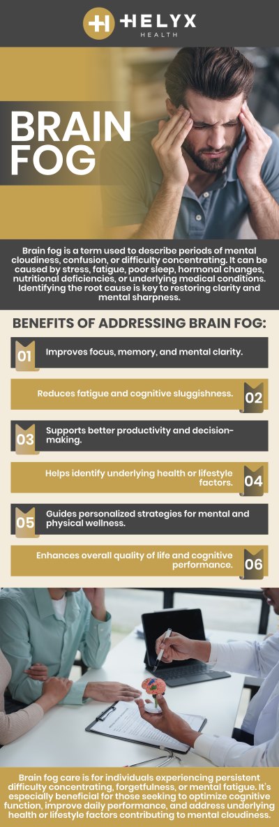 Brain fog can be a frustrating symptom, making it difficult to focus, think clearly, or remember important details. At Helyx Health, our experienced mental health professionals help you regain mental clarity and feel like yourself again. By identifying and addressing the underlying cause, whether it's related to stress, diet, sleep, or a medical condition, you can effectively reduce the fogginess and improve your cognitive function for a sharper, more focused mind. For more information, contact us today or schedule an appointment online today. We serve patients across the state of California, including locations in Palo Alto, Beverly Hills, and San Francisco, CA. Brain fog can be a frustrating symptom, making it difficult to focus, think clearly, or remember important details. At Helyx Health, our experienced mental health professionals help you regain mental clarity and feel like yourself again. By identifying and addressing the underlying cause, whether it's related to stress, diet, sleep, or a medical condition, you can effectively reduce the fogginess and improve your cognitive function for a sharper, more focused mind. For more information, contact us today or schedule an appointment online today. We serve patients across the state of California, including locations in Palo Alto, Beverly Hills, and San Francisco, CA.